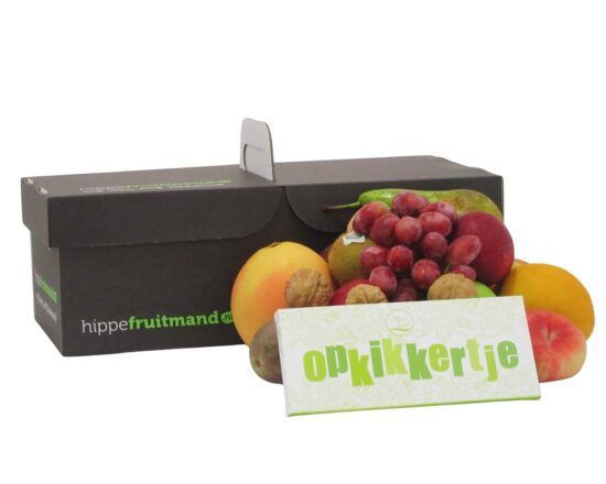 beterschap fruitmand met vers fruit en een 'opkikkertje' chocoladereep van Hippefruitmand.nl.