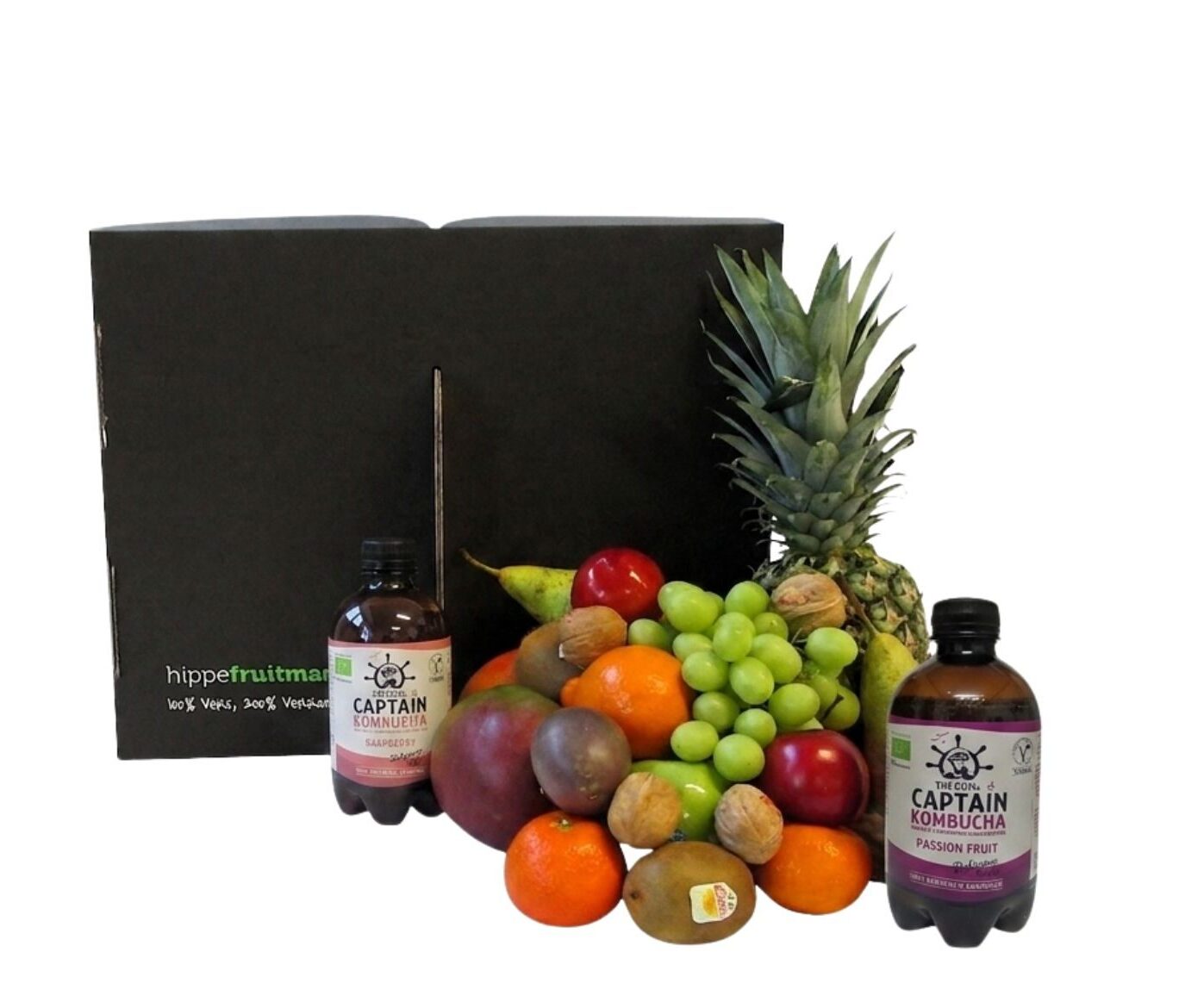 Fruitmand Kombucha Groot met vers fruit en Gutsy Captain kombucha Passievrucht en Framboos
