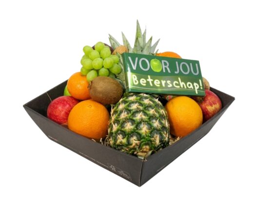 Fruitschaal Beterschap met ananas, sinaasappels, appels, druiven, kiwi en Belgische chocolade