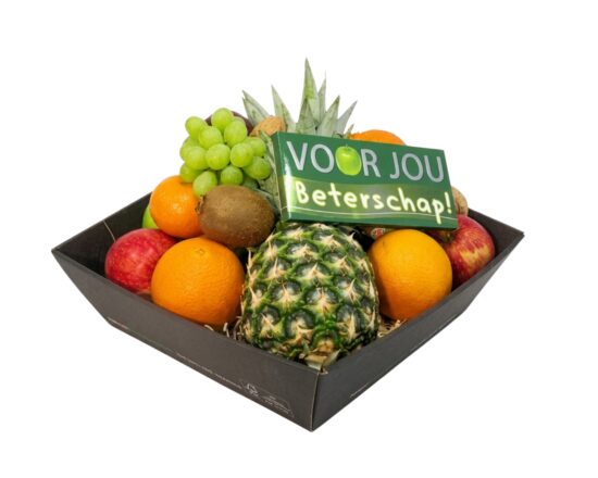 Fruitschaal Beterschap met ananas, sinaasappels, appels, druiven, kiwi en Belgische chocolade