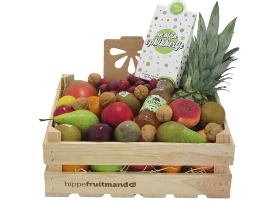 Grote luxe fruitkist Opkikker met mango, druiven, peren, appels, kiwi, ananas, walnoten, Schulp appelsap en Belgische chocolade kikkers