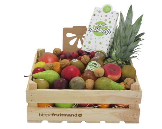 Grote luxe fruitkist Opkikker met mango, druiven, peren, appels, kiwi, ananas, walnoten, Schulp appelsap en Belgische chocolade kikkers