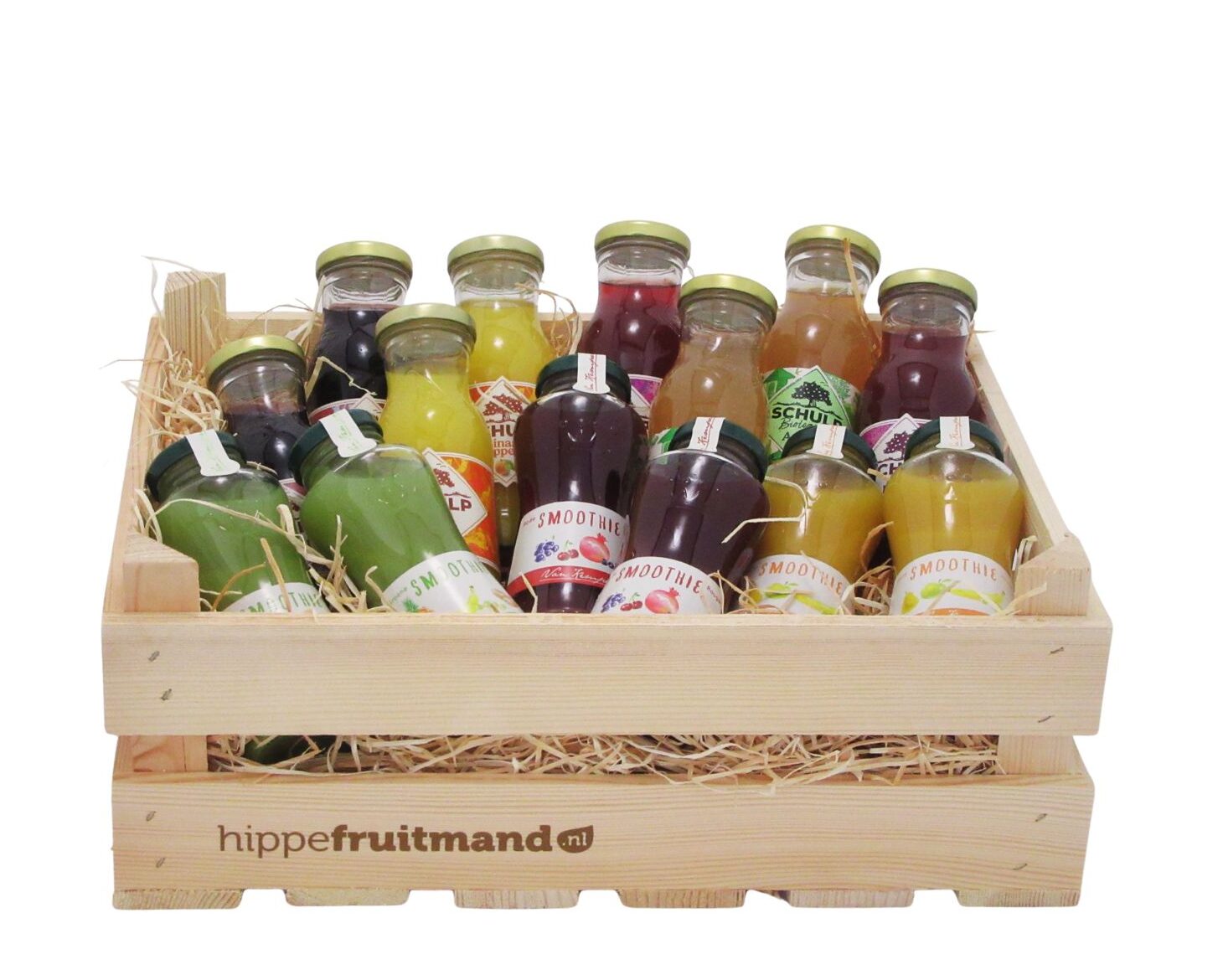 Sap- en Smoothiekist met 14 flesjes verse sappen en smoothies in houten kist