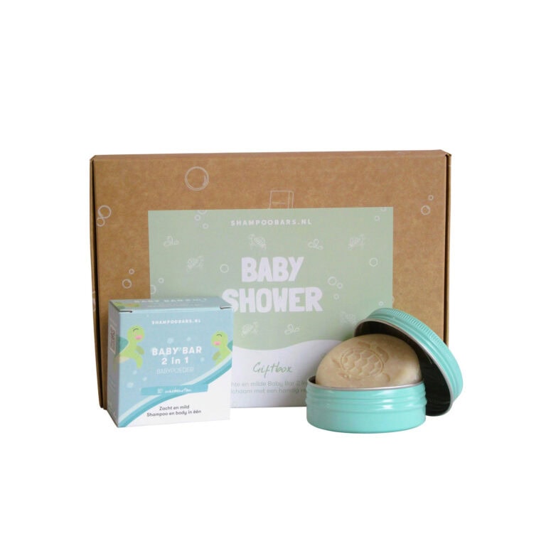 Plasticvrije 2-in-1 baby shampoo bar en duurzaam reisblikje van Shampoobars in een luxe kraampakket