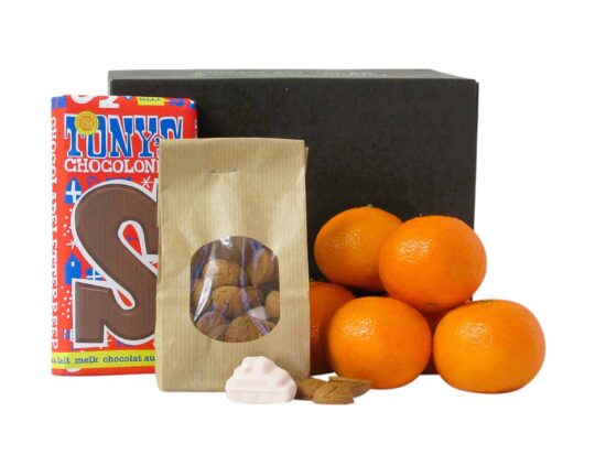Hippe FitBox Mandarijn Sint geschenkpakket met 6 verse Spaanse mandarijnen, een ambachtelijk zakje strooigoed en een Tony's Chocolonely chocoladeletter in melkchocolade