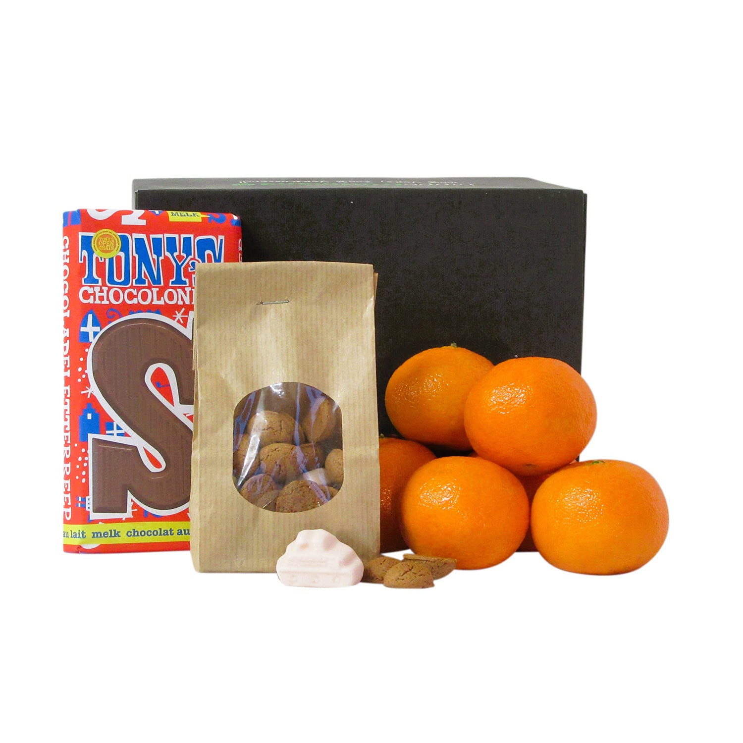 Hippe FitBox Mandarijn Sint geschenkpakket met 6 verse Spaanse mandarijnen, een ambachtelijk zakje strooigoed en een Tony's Chocolonely chocoladeletter in melkchocolade