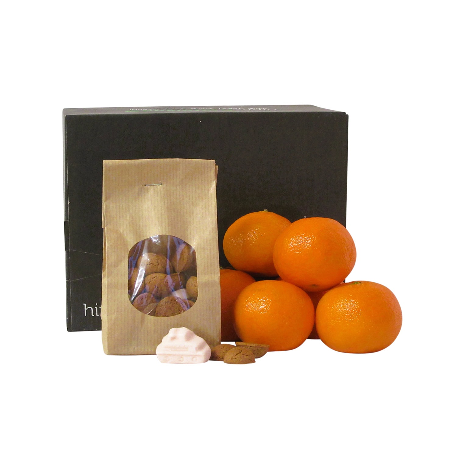 Hippe FitBox gevuld met verse mandarijnen en een Heerlijk zakje met strooigoed perfect als gezond en lekker sinterklaascadeau.