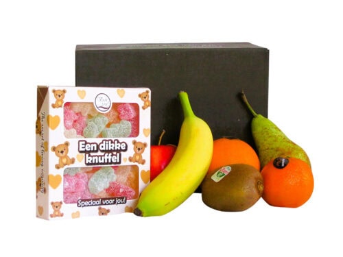 Hippe Fitbox “Dikke Knuffel” met 6 stuks vers fruit en doosje snoepbeertjes – gezond en zoet cadeau
