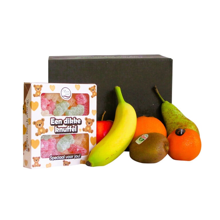 Hippe Fitbox “Dikke Knuffel” met 6 stuks vers fruit en doosje snoepbeertjes – gezond en zoet cadeau