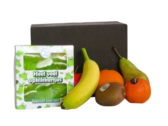 Hippe Fitbox Opkikkertjes met 6 stuks vers seizoensfruit en 145 gram snoepkikkertjes – gezond en vrolijk cadeau