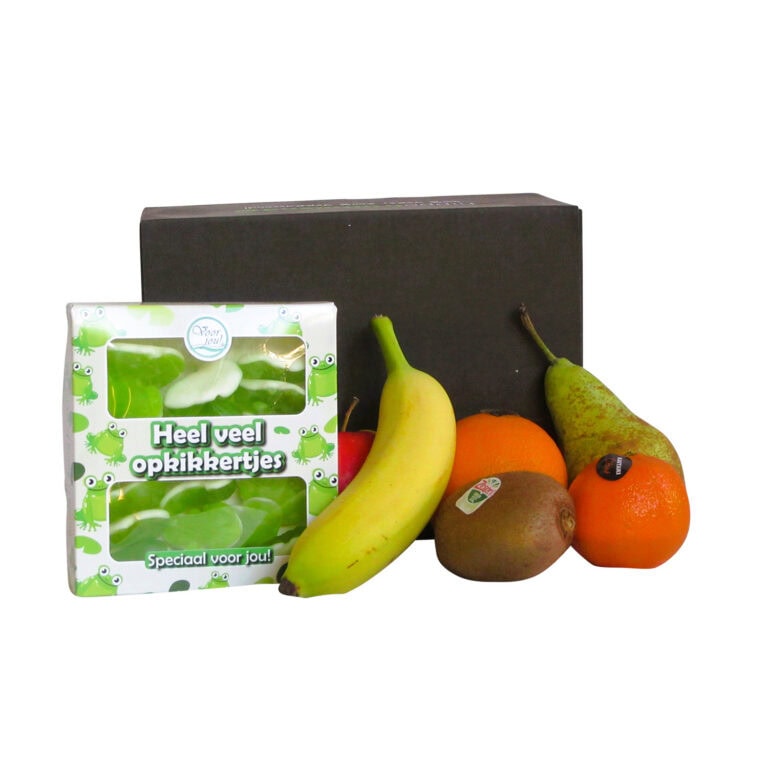 Hippe Fitbox Opkikkertjes met 6 stuks vers seizoensfruit en 145 gram snoepkikkertjes – gezond en vrolijk cadeau