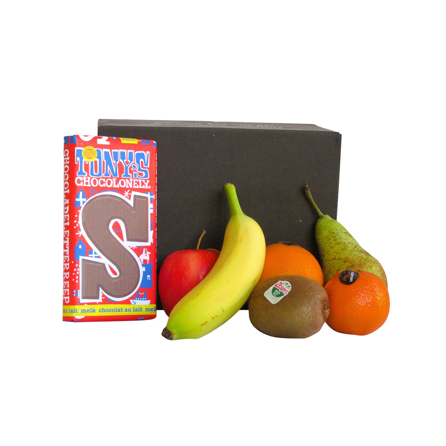 Gezond Sinterklaascadeau voor personeel: Hippe Fitbox fruitmand met seizoensfruit, Tony's Chocolonely chocoladeletter
