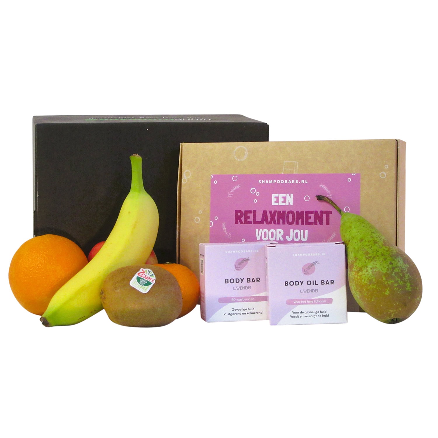 Luxe Fit & Fresh Wellness Box met 6 stuks vers seizoensfruit, een lavendel body bar en body oil bar in een duurzame geschenkverpakking.