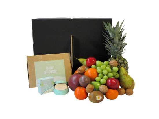 Luxe fruitmand met Giftbox Baby Shower en 2-in-1 Baby Bar - duurzaam kraamcadeau