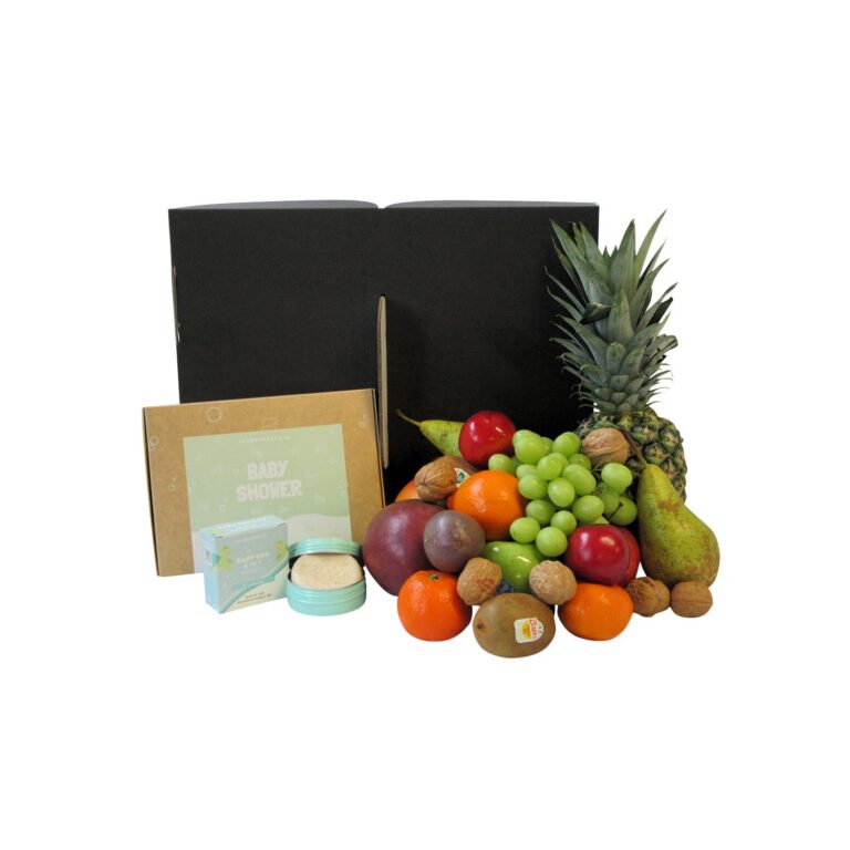 Luxe fruitmand met Giftbox Baby Shower en 2-in-1 Baby Bar - duurzaam kraamcadeau