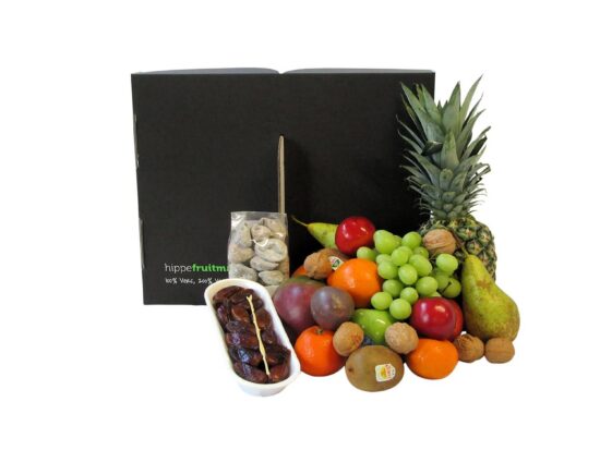 Hippe Fruitmand Groot met dadels en vijgen, luxe seizoensfruit en duurzame verpakking – gezond cadeau voor thuis of zakelijk gebruik