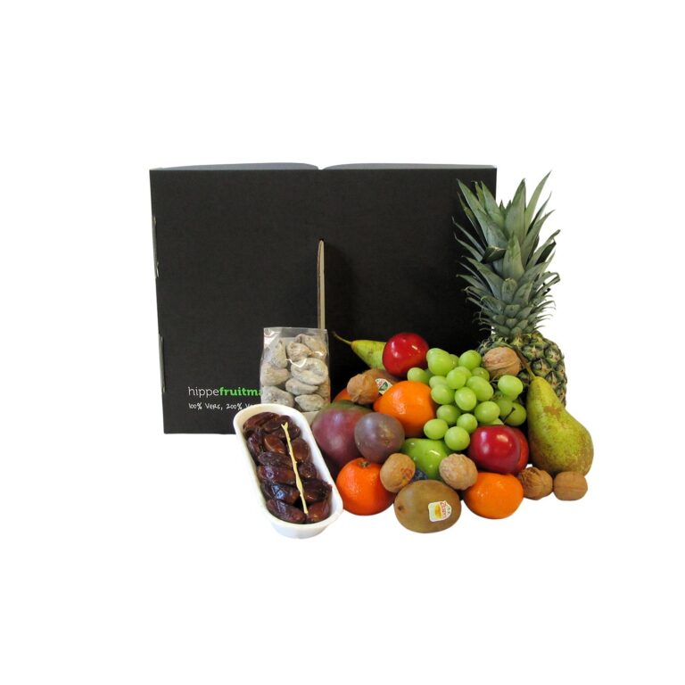 Hippe Fruitmand Groot met dadels en vijgen, luxe seizoensfruit en duurzame verpakking – gezond cadeau voor thuis of zakelijk gebruik