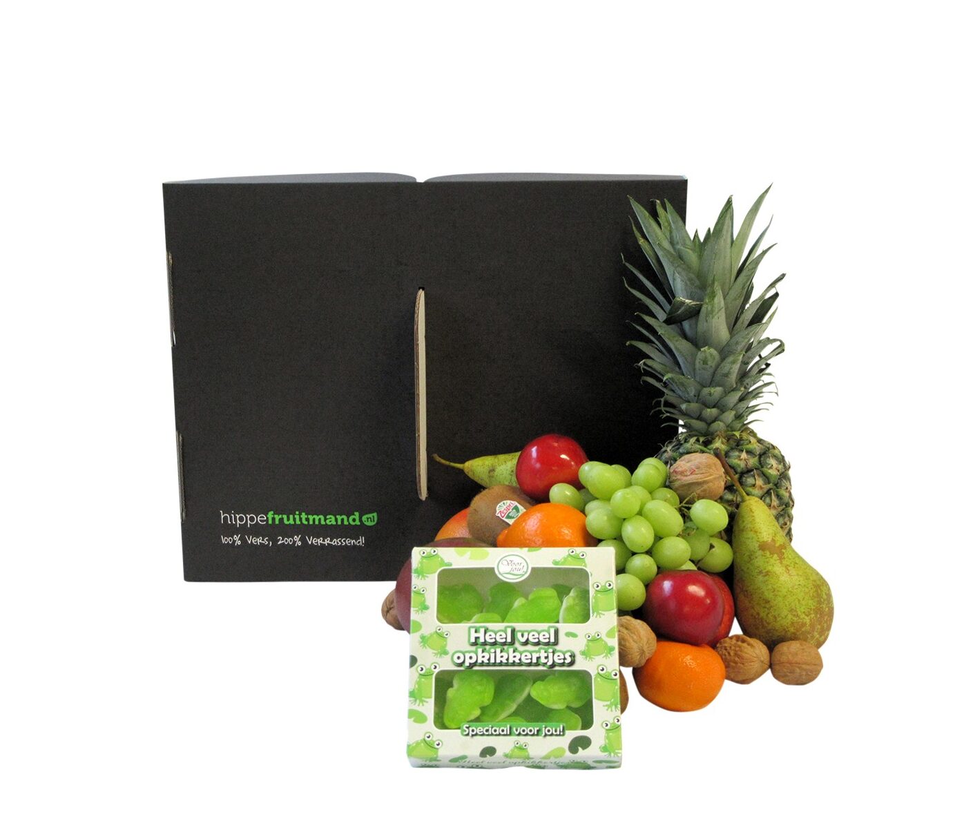 Fruitmand Opkikker Candy Groot met vers fruit, appelsap en Opkikkertjes snoep