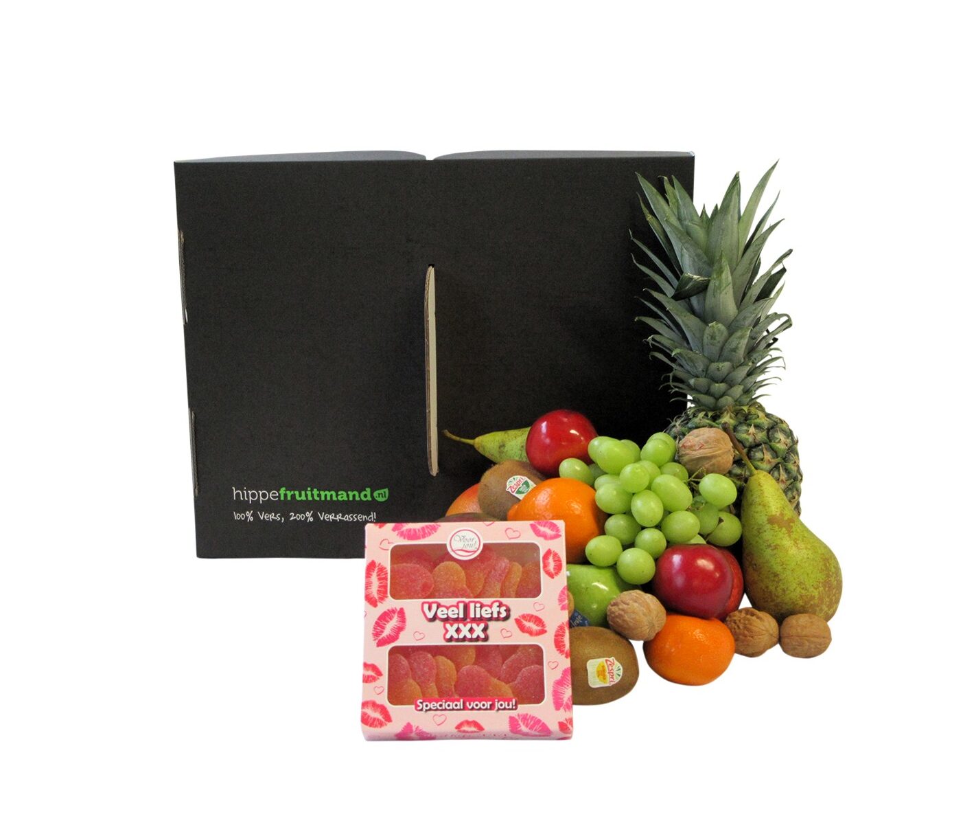 Fruitmand Veel Liefs Groot met vers fruit en snoephartjes cadeaudoos