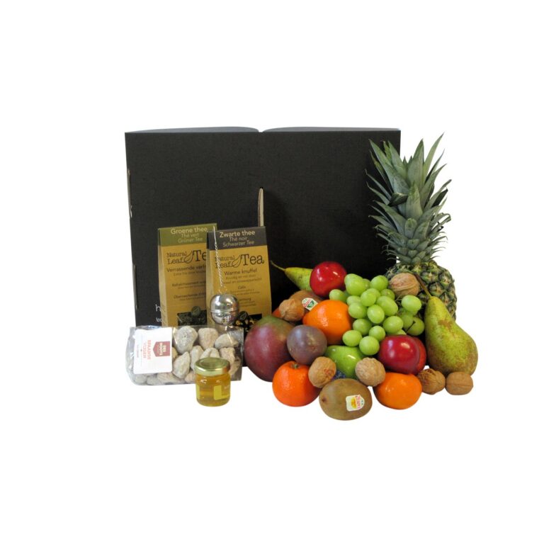 Grote luxe fruitmand met verse seizoensvruchten, vijgen, ambachtelijke honing en premium thee – gezond cadeau voor bedrijf en particulier