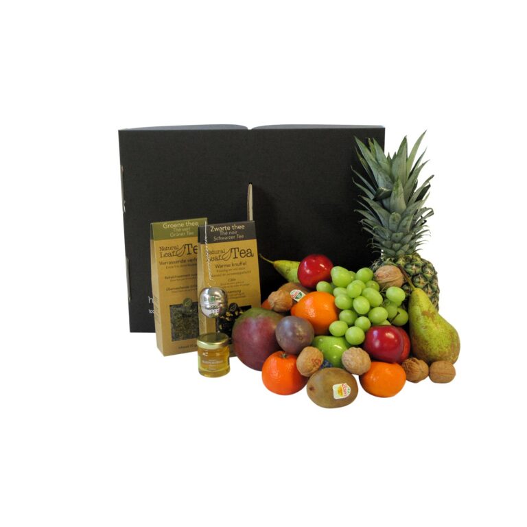 Grote fruitmand met thee en honing, vers seizoensfruit in luxe duurzame verpakking – gezond cadeau voor thuis en zakelijke geschenken