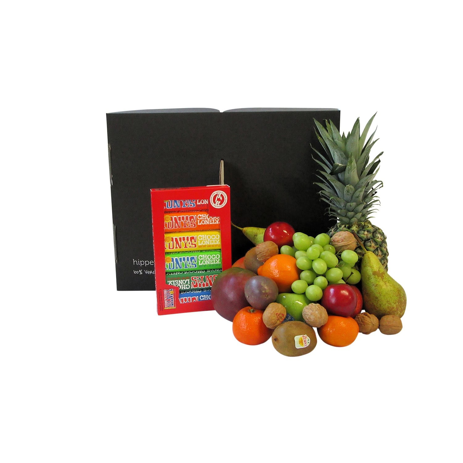 uxe fruitmand met Tony's Chocolonely, vers fruit, ananas, appels, druiven en chocoladereepjes. Cadeau bezorgen.