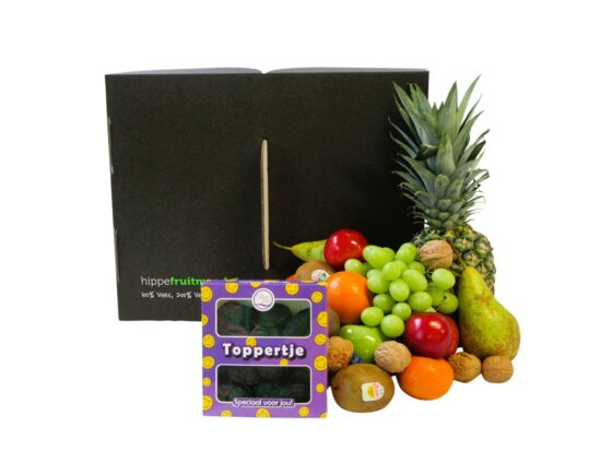 Fruitmand Toppertje Groot met vers fruit, appelsap en drop lachebekjes