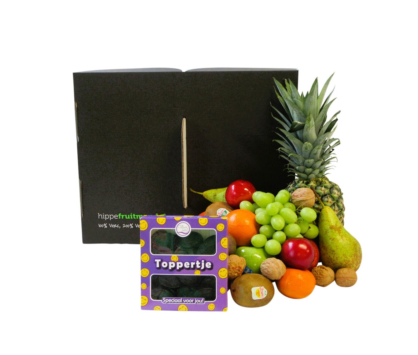 Fruitmand Toppertje Groot met vers fruit, appelsap en drop lachebekjes