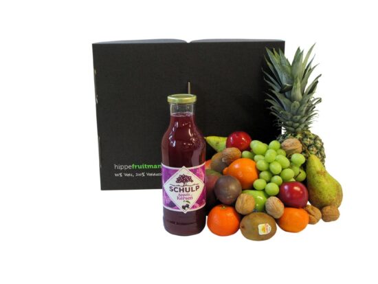Luxe Hippe Fruitmand Appel-Kersensap Groot met 5kg vers fruit en Schulp sap