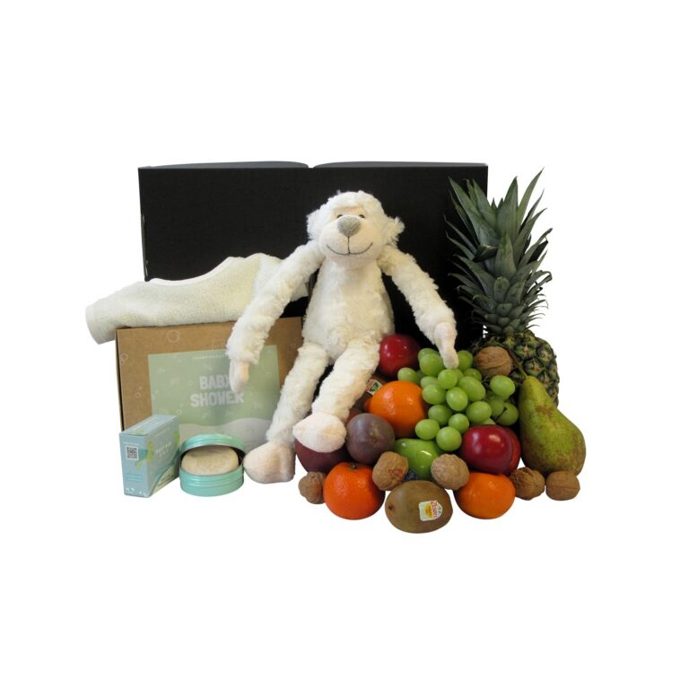 Duurzame-kraambox-Welkom-lief-Wonder-met-verse-fruitmand-en-knuffel