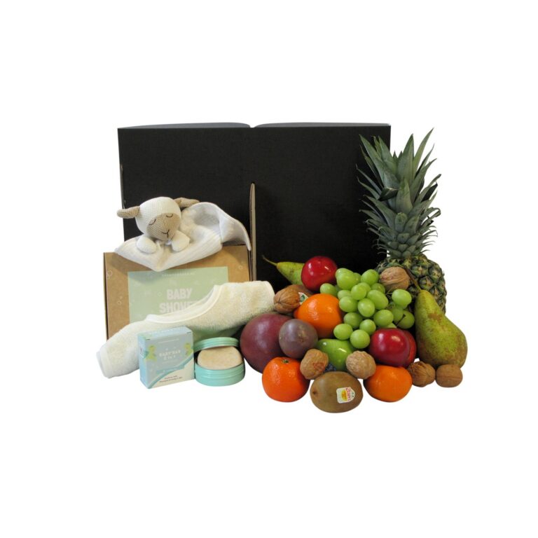 Luxe Duurzame Baby Geboorte Box met vers fruit, een plasticvrije Shampoobar in reisblikje, tutpopje en Slab