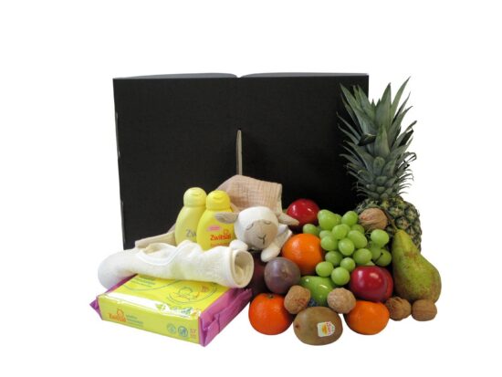 Luxe Geboortemand met vers fruit, Zwitsal verzorgingsset, neutraal tutpopje en slabbetje - Gezond kraamcadeau