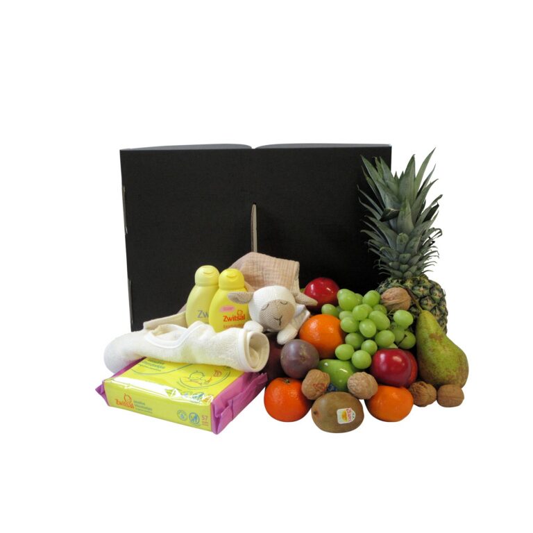 Luxe Geboortemand met vers fruit, Zwitsal verzorgingsset, neutraal tutpopje en slabbetje - Gezond kraamcadeau