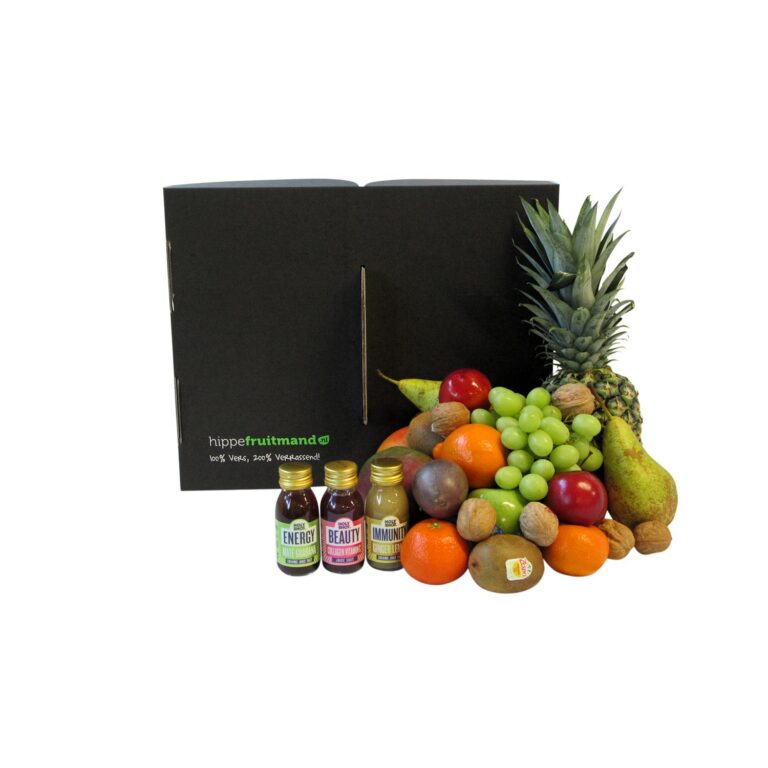 Luxe fruitmand Ginger Boost Groot met dagvers seizoensfruit en natuurlijke HOLYSHOT gembershots in duurzame FSC-fruitbox