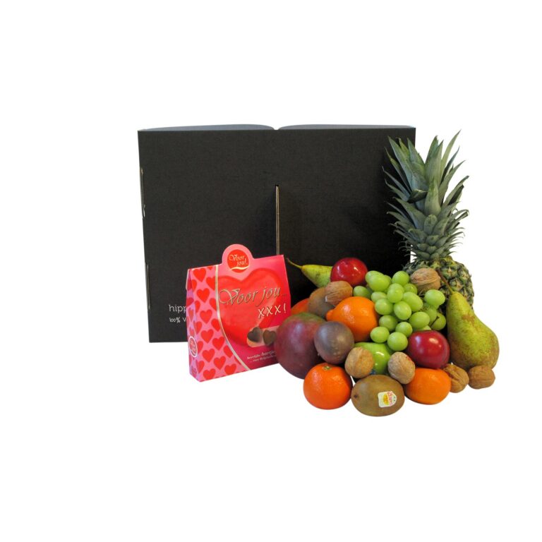 Luxe Hippe Fruitmand Veel Liefs Groot met vers fruit, Schulp sap en Belgische chocolade"