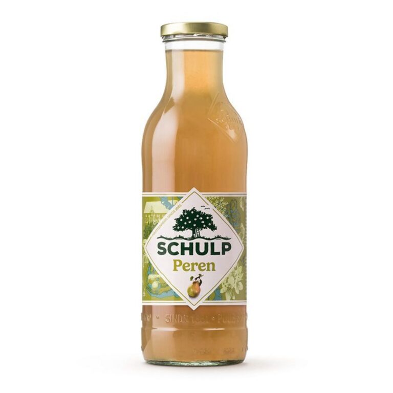 Fles ambachtelijk Schulp perensap 0,75 liter voor in fruitmand.